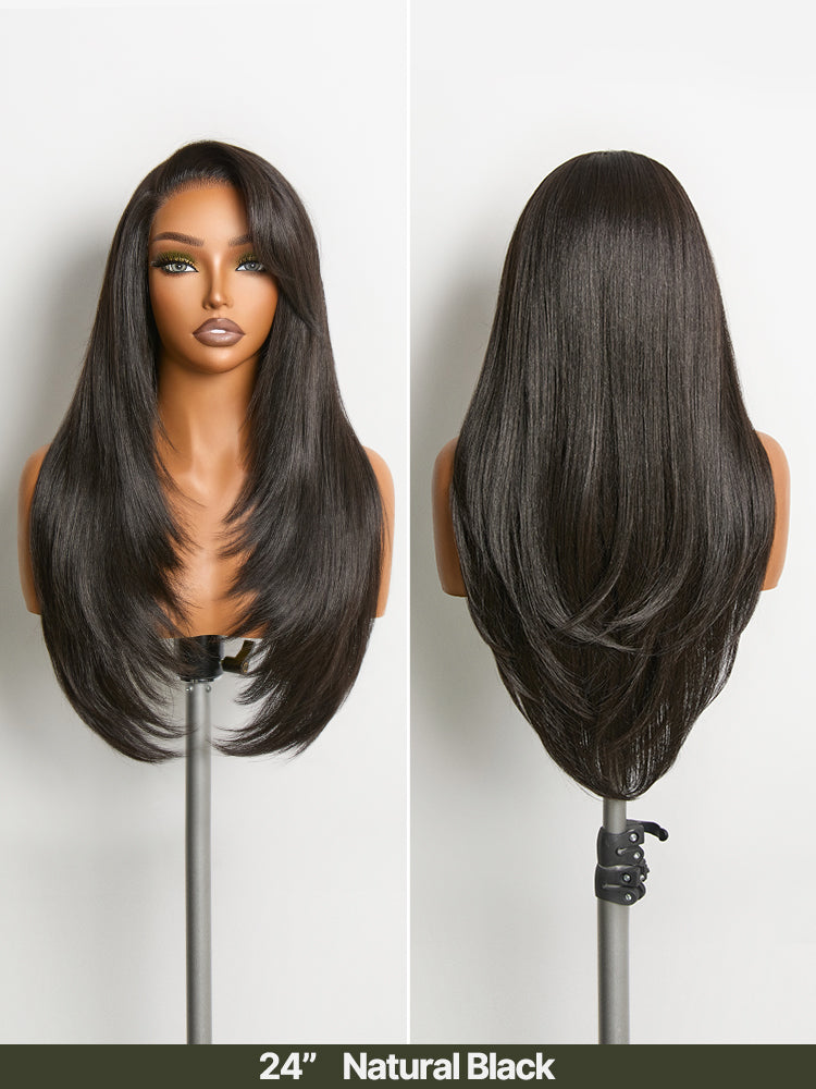 Élorvane Synthetic Fiber + Human Hair Layered Straight Drawstring Wig 9x6 Pre-Cut Lace Natural Black