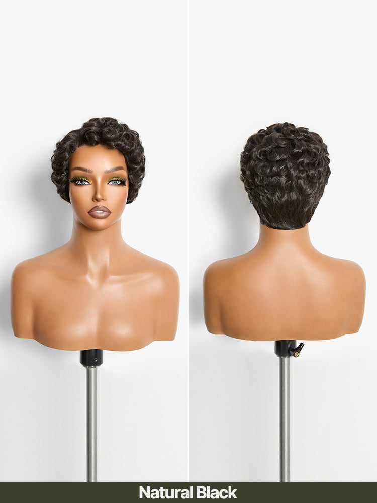 Élorvane Synthetic Fiber + Human Hair Short Curly Pixie Wig Layered Natural Black