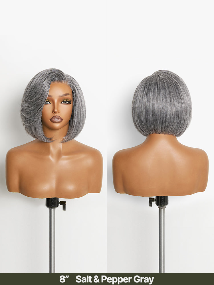 Élorvane Synthetic Fiber + Human Hair Layered Bob Wig Salt and Pepper Gray Glueless Pre-Cut Lace