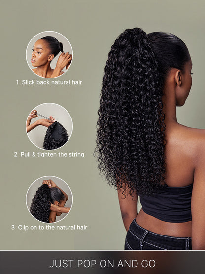 Élorvane Full Natural Water Wave Drawstring Ponytail Human Hair Extensions
