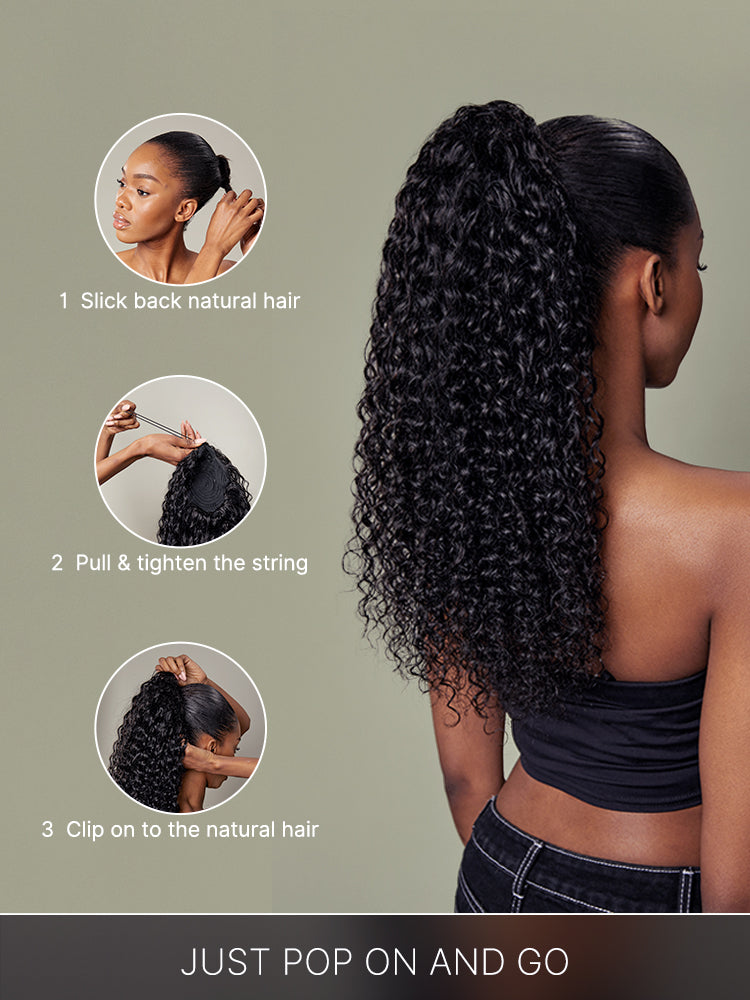Élorvane Natural Black Full Water Wave Drawstring Ponytail Human Hair - Imani