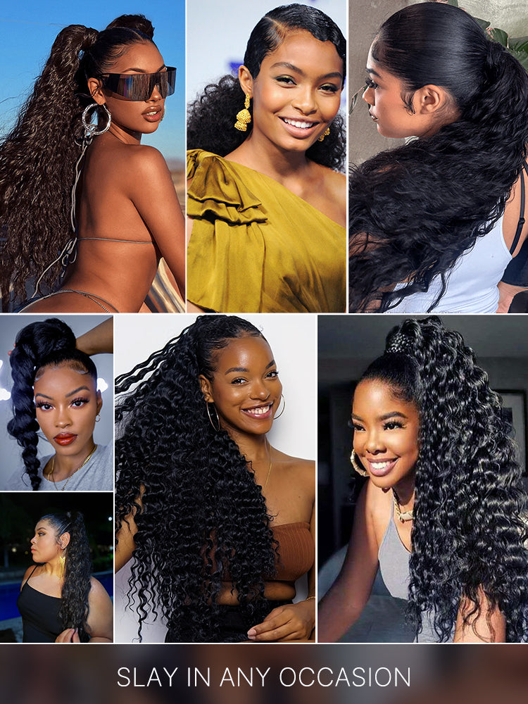 Élorvane Natural Black Full Water Wave Drawstring Ponytail Human Hair - Imani