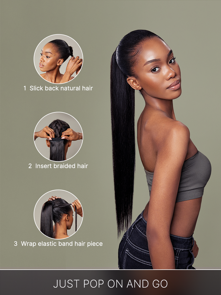 Élorvane Natural Black Seamless Straight Wrap Around Ponytail Human Hair - Destiny