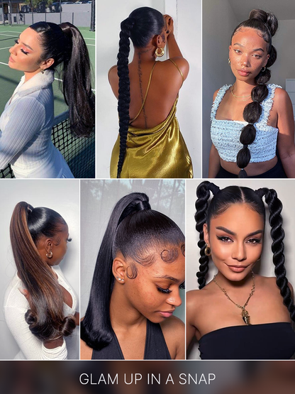 Élorvane Natural Black Seamless Straight Wrap Around Ponytail Human Hair - Destiny