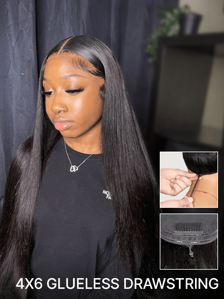 Élorvane 100% Human Hair Silky Straight Drawstring Wig Pre-Cut Lace Glueless FlexFit Fits All Head Sizes