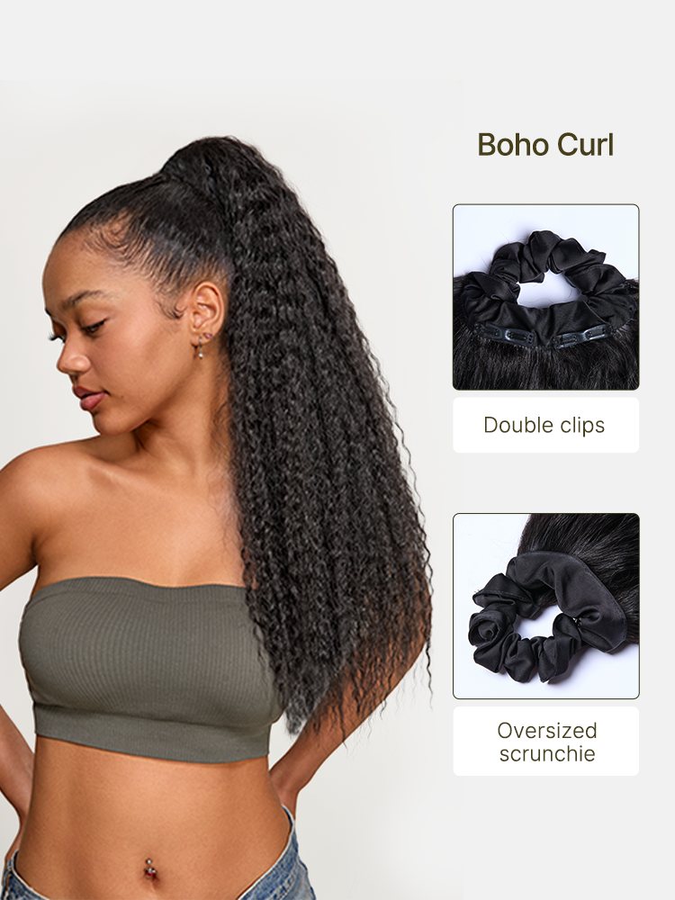 Élorvane Natural Black Boho Curl Scrunchie Ponytail Human Hair - Tiana