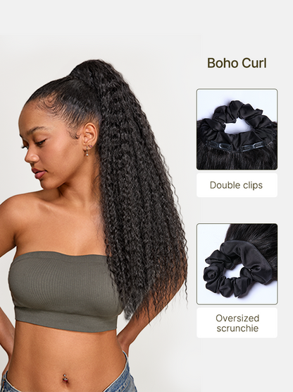Élorvane Natural Black Boho Curl Scrunchie Ponytail Human Hair - Tiana