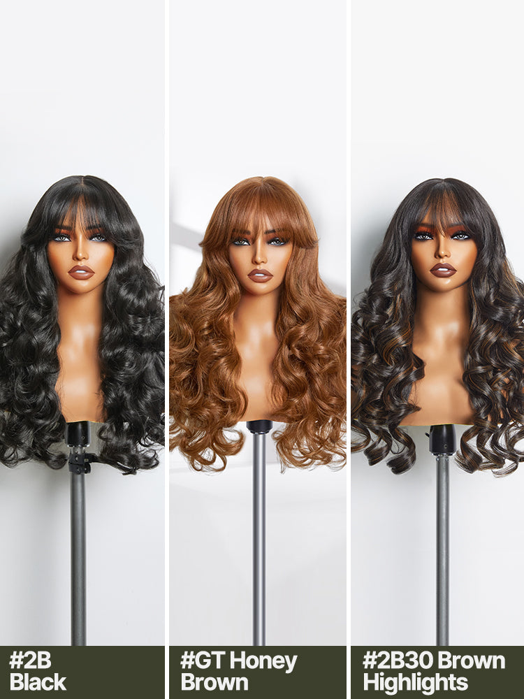 Élorvane Synthetic Fiber + Human Hair Layered Wavy Wig with Curtain Bangs Pre-Cut Lace Glueless