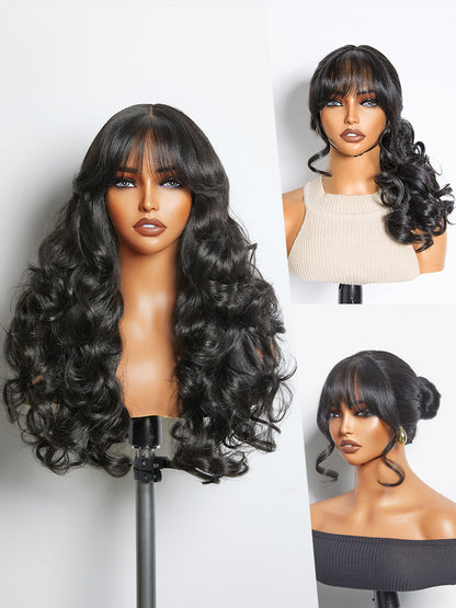 Élorvane Synthetic Fiber + Human Hair Layered Wavy Wig with Curtain Bangs Pre-Cut Lace Glueless