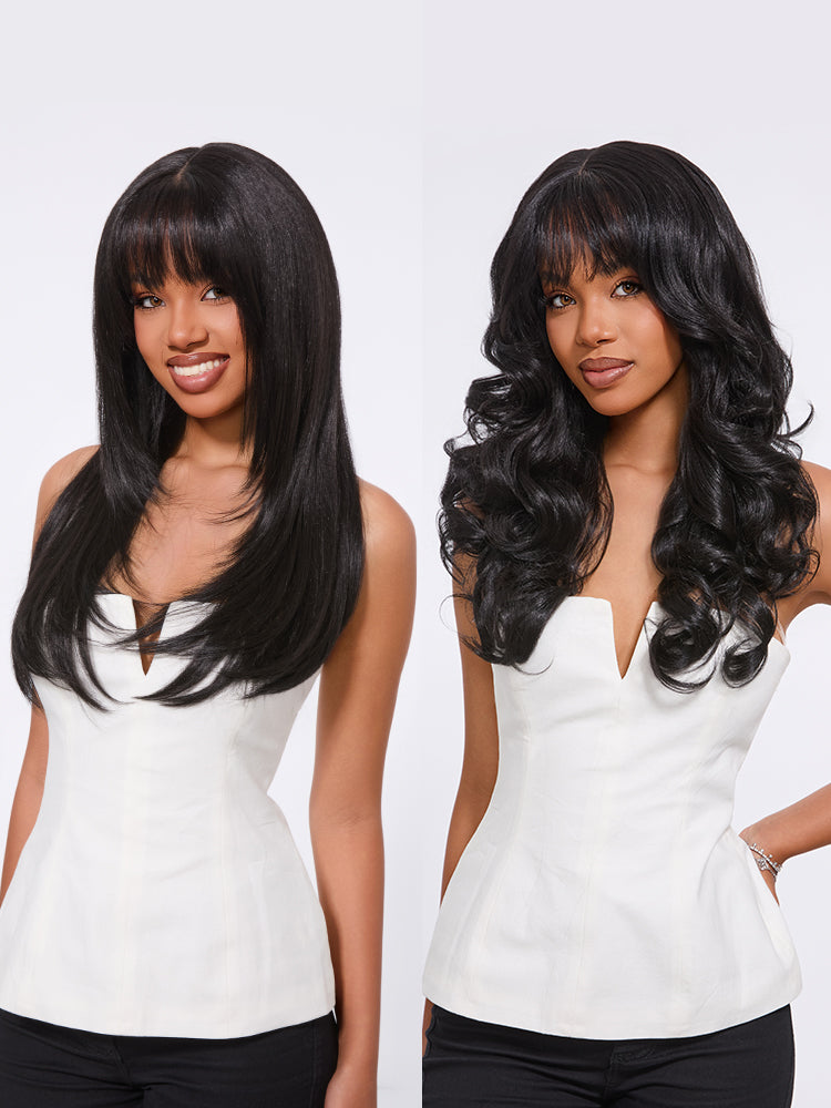 Élorvane Synthetic Fiber + Human Hair Layered Wavy Wig with Curtain Bangs Pre-Cut Lace Glueless