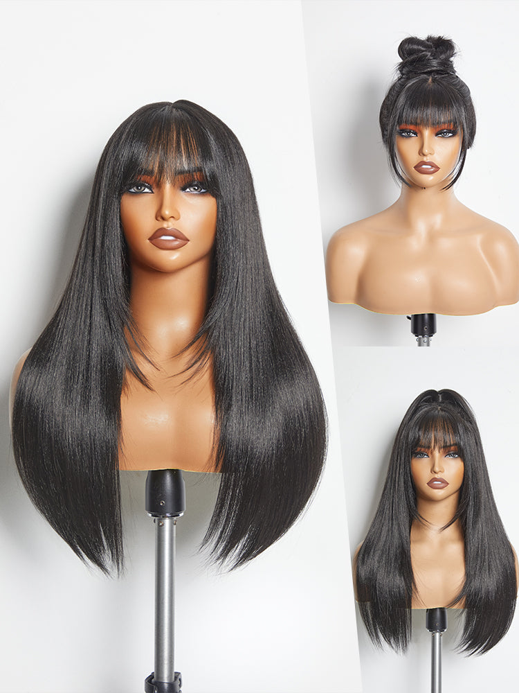 Élorvane Synthetic Fiber + Human Hair Layered Wavy Wig with Curtain Bangs Pre-Cut Lace Glueless