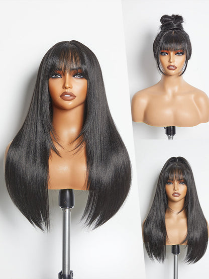 Élorvane Synthetic Fiber + Human Hair Layered Wavy Wig with Curtain Bangs Pre-Cut Lace Glueless