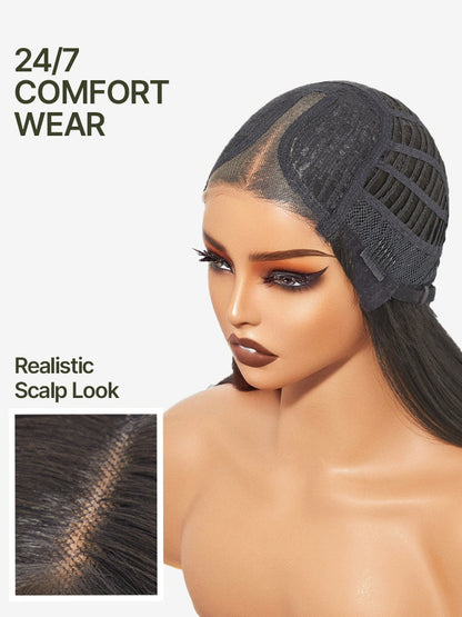 Élorvane Synthetic Fiber + Human Hair Layered Wavy Wig with Curtain Bangs Pre-Cut Lace Glueless