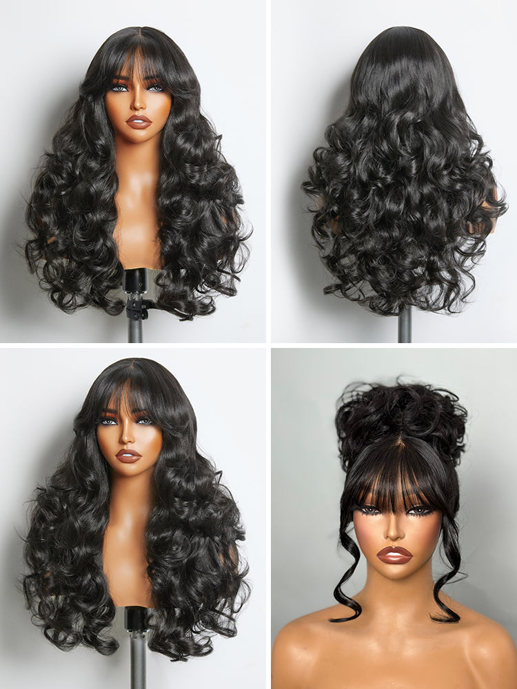 Élorvane Synthetic Fiber + Human Hair Layered Wavy Wig with Curtain Bangs Pre-Cut Lace Glueless