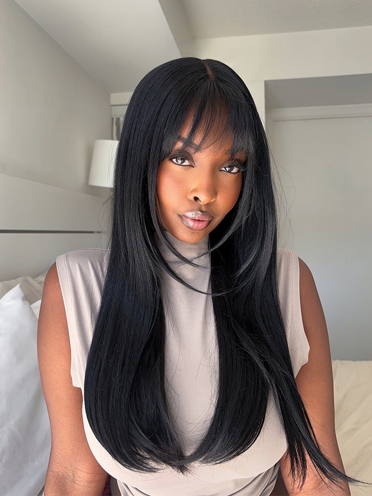 Élorvane Synthetic Fiber + Human Hair Layered Wavy Wig with Curtain Bangs Pre-Cut Lace Glueless