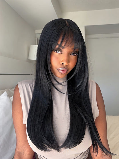 Élorvane Synthetic Fiber + Human Hair Layered Wavy Wig with Curtain Bangs Pre-Cut Lace Glueless