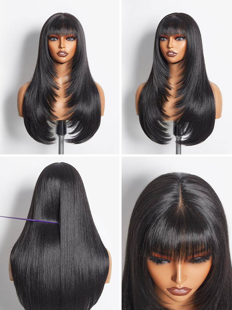 Élorvane Synthetic Fiber + Human Hair Layered Wavy Wig with Curtain Bangs Pre-Cut Lace Glueless