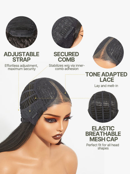 Élorvane Synthetic Fiber + Human Hair Layered Wavy Wig with Curtain Bangs Pre-Cut Lace Glueless