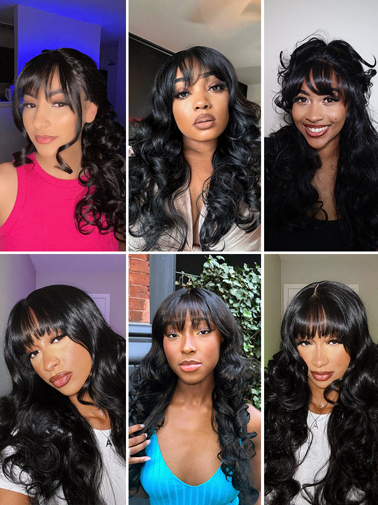 Élorvane Synthetic Fiber + Human Hair Layered Wavy Wig with Curtain Bangs Pre-Cut Lace Glueless