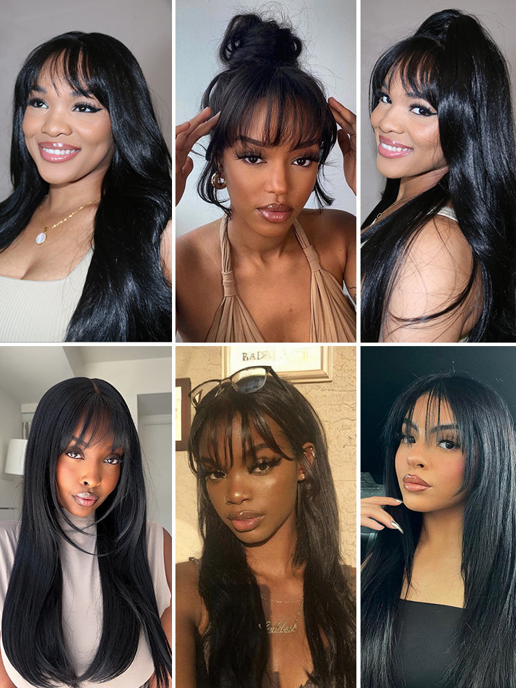 Élorvane Synthetic Fiber + Human Hair Layered Wavy Wig with Curtain Bangs Pre-Cut Lace Glueless