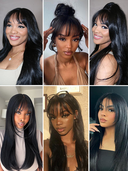 Élorvane Synthetic Fiber + Human Hair Layered Wavy Wig with Curtain Bangs Pre-Cut Lace Glueless