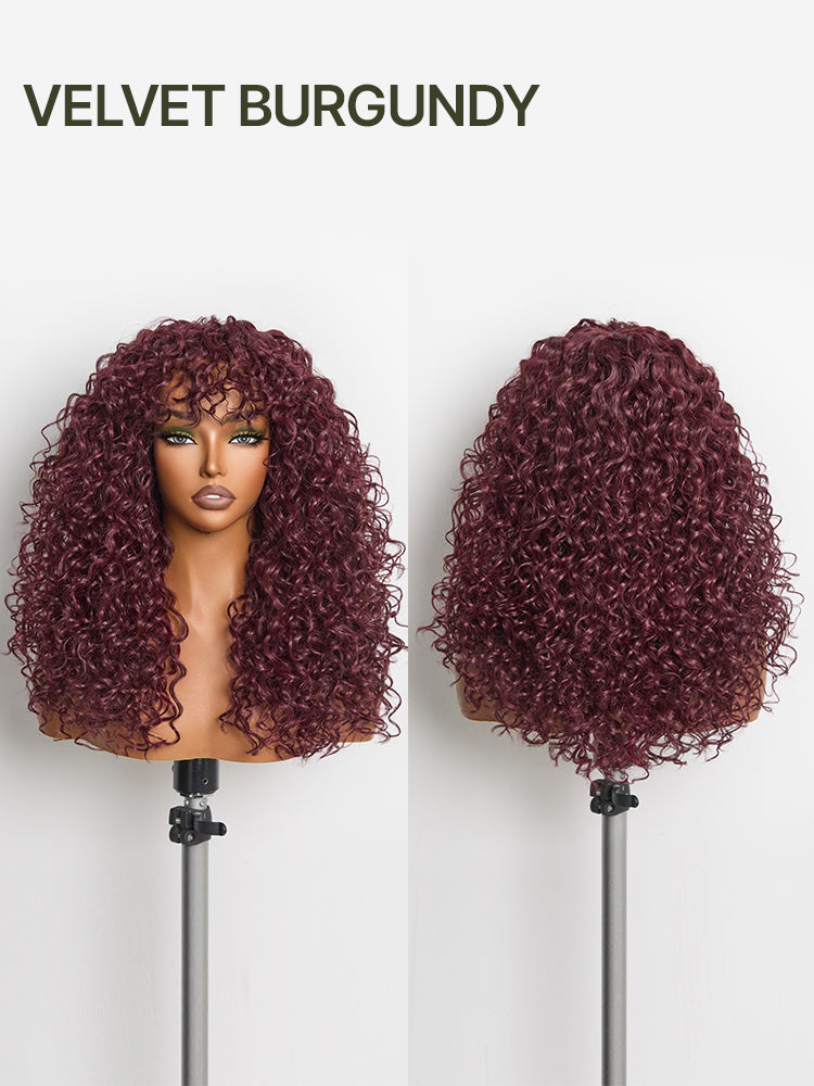 Élorvane Synthetic Fiber + Human Hair Boho Curly Wig with Bangs Effortless Shaggy Waves Put on and Go