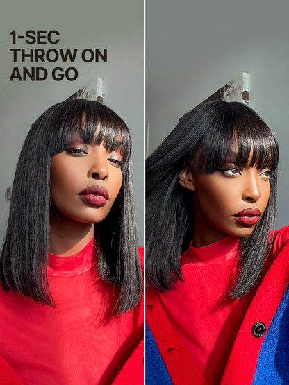 Élorvane Synthetic Fiber + Human Hair Silky Straight Bob Wig with Bangs Ready to Wear
