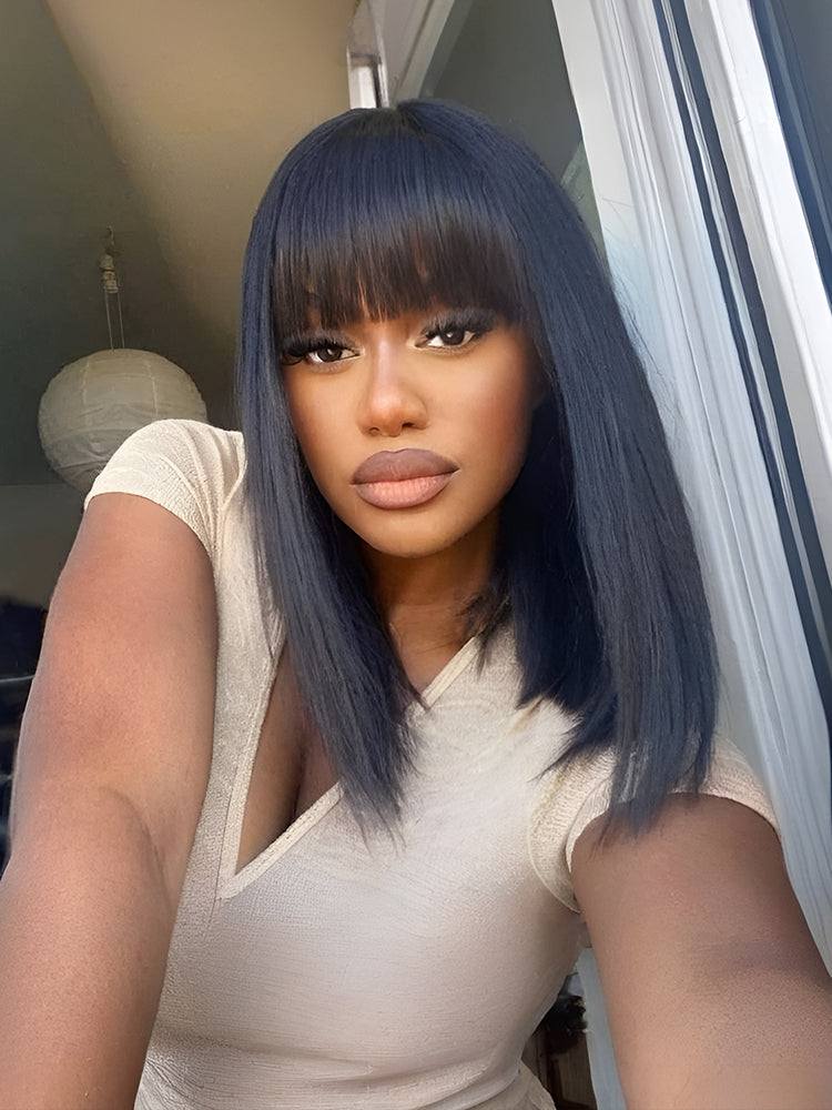 Élorvane Synthetic Fiber + Human Hair Silky Straight Bob Wig with Bangs Ready to Wear