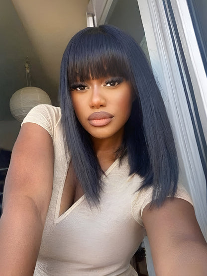 Élorvane Synthetic Fiber + Human Hair Silky Straight Bob Wig with Bangs Ready to Wear