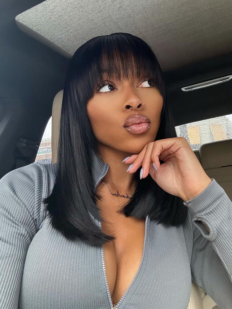 Élorvane Synthetic Fiber + Human Hair Silky Straight Bob Wig with Bangs Ready to Wear