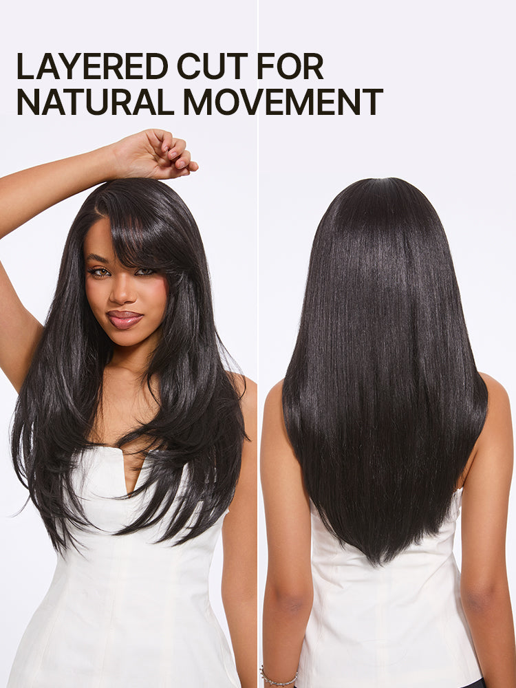Élorvane Synthetic Fiber + Human Hair Layered Straight Drawstring Wig 9x6 Pre-Cut Lace Natural Black