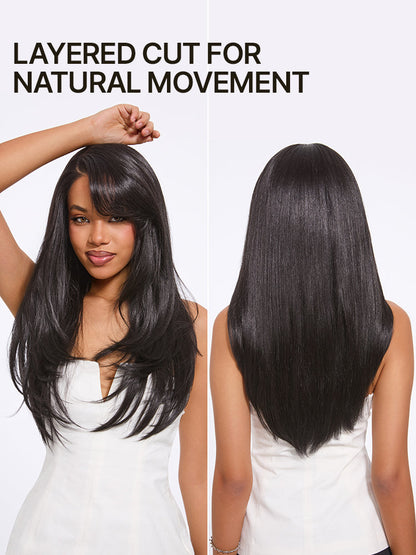Élorvane Synthetic Fiber + Human Hair Layered Straight Drawstring Wig 9x6 Pre-Cut Lace Natural Black