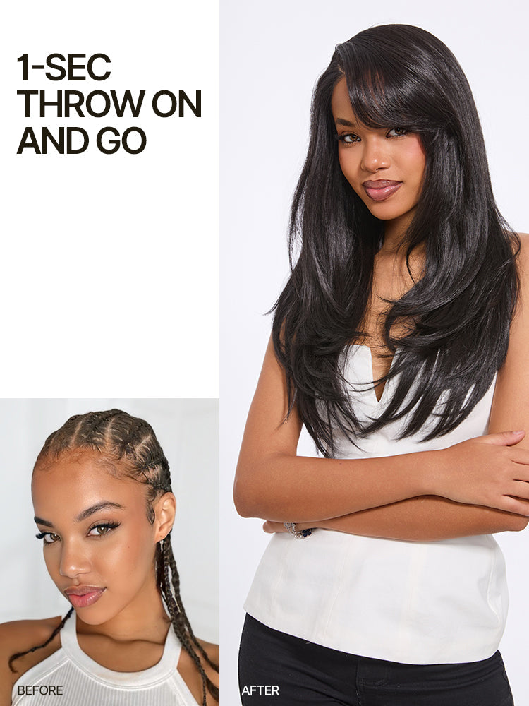 Élorvane Synthetic Fiber + Human Hair Layered Straight Drawstring Wig 9x6 Pre-Cut Lace Natural Black