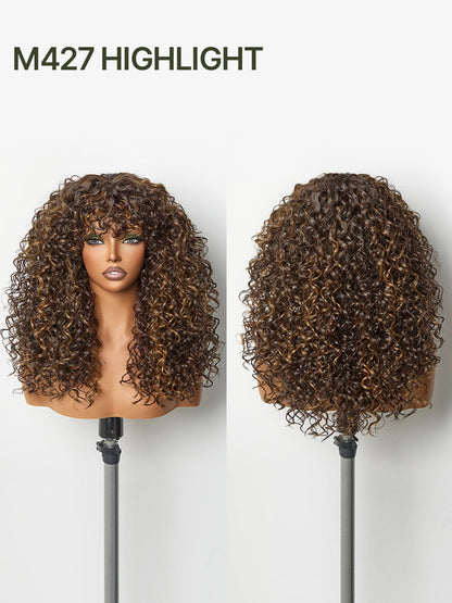 Élorvane Synthetic Fiber + Human Hair Boho Curly Wig with Bangs Effortless Shaggy Waves Put on and Go