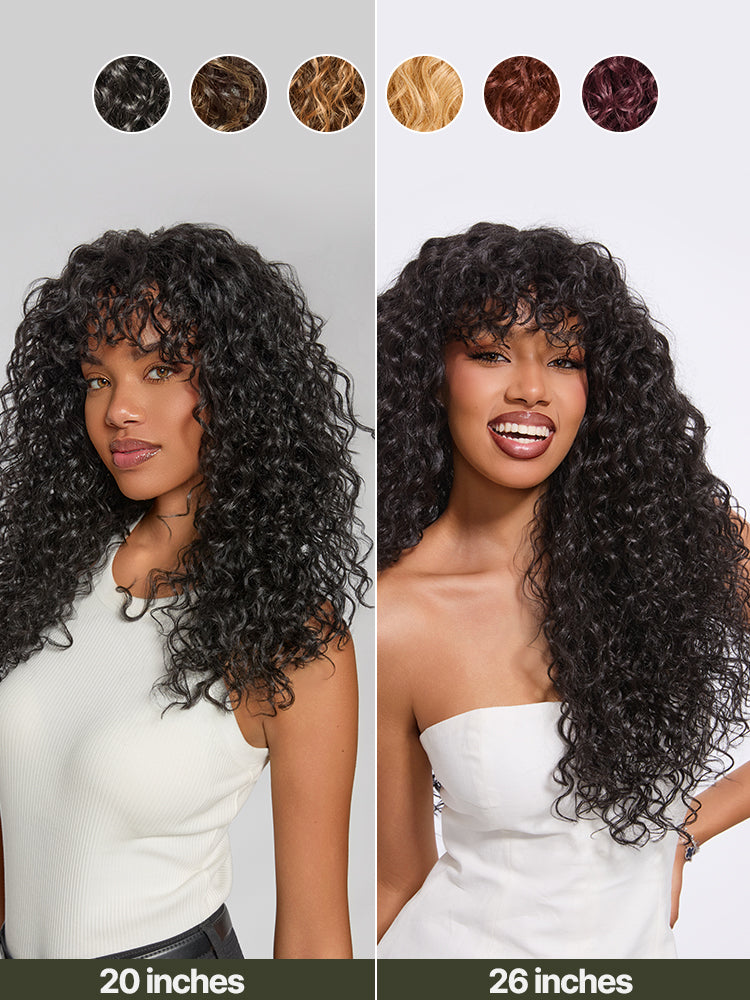 Élorvane Synthetic Fiber + Human Hair Boho Curly Wig with Bangs Effortless Shaggy Waves Put on and Go