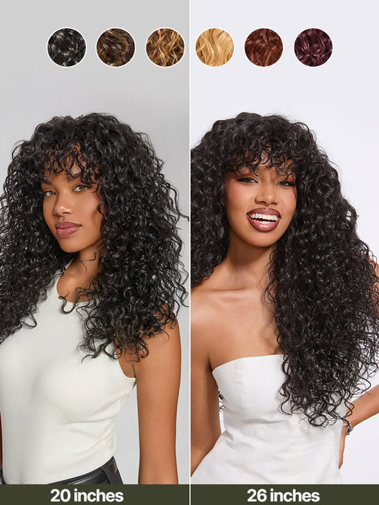 Élorvane Synthetic Fiber + Human Hair Boho Curly Wig with Bangs Effortless Shaggy Waves Put on and Go
