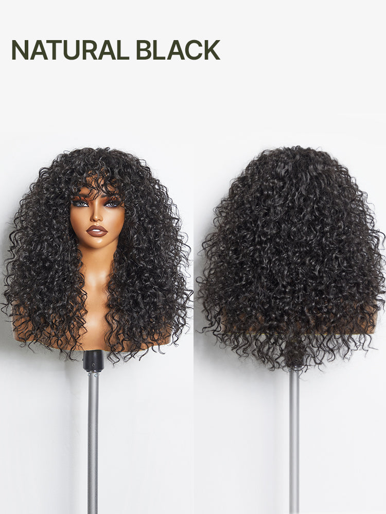 Élorvane Synthetic Fiber + Human Hair Boho Curly Wig with Bangs Effortless Shaggy Waves Put on and Go
