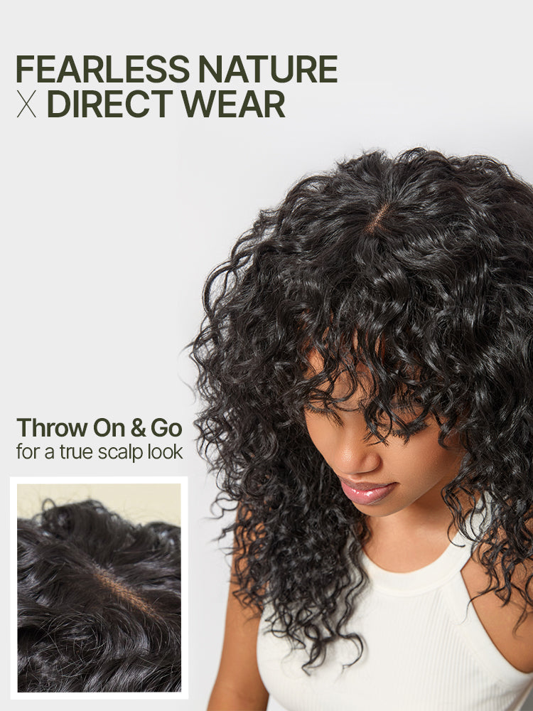Élorvane Synthetic Fiber + Human Hair Boho Curly Wig with Bangs Effortless Shaggy Waves Put on and Go