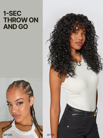 Élorvane Synthetic Fiber + Human Hair Boho Curly Wig with Bangs Effortless Shaggy Waves Put on and Go