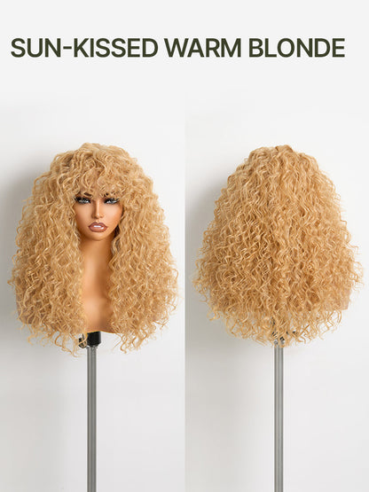 Élorvane Synthetic Fiber + Human Hair Boho Curly Wig with Bangs Effortless Shaggy Waves Put on and Go