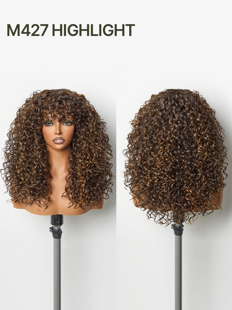 Élorvane Synthetic Fiber + Human Hair Boho Curly Wig with Bangs Effortless Shaggy Waves Put on and Go