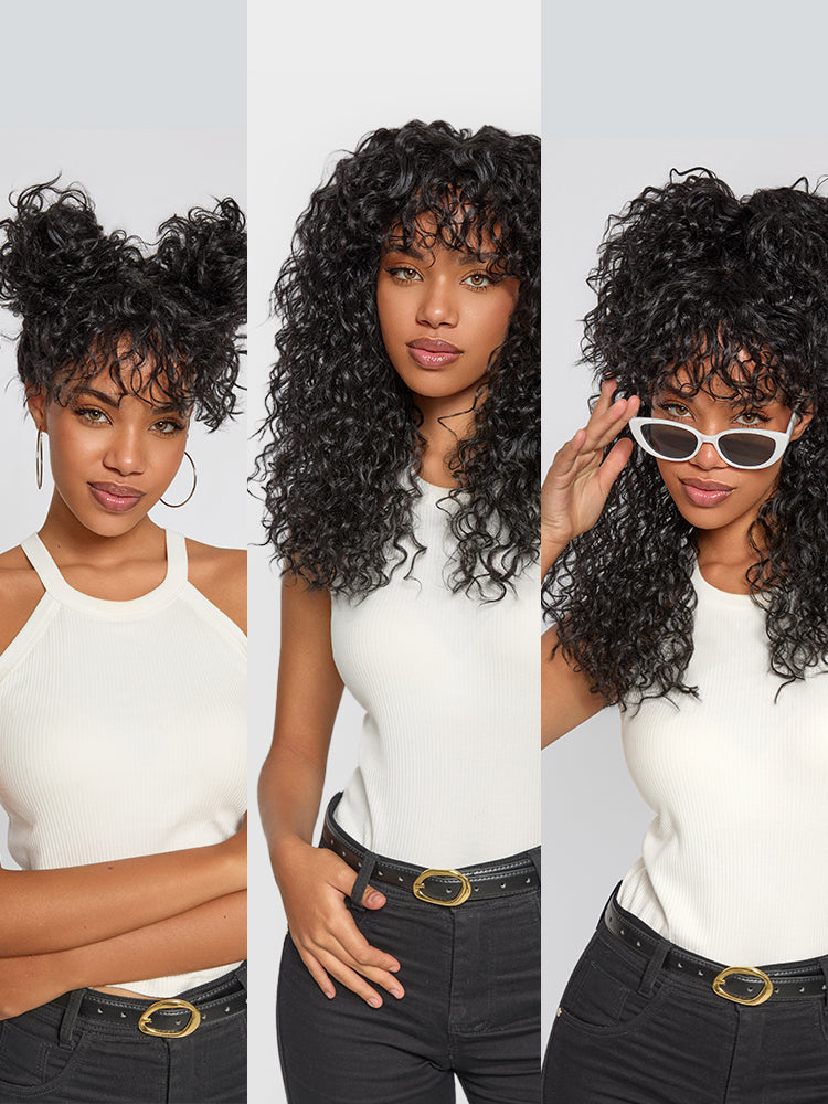 Élorvane Synthetic Fiber + Human Hair Boho Curly Wig with Bangs Effortless Shaggy Waves Put on and Go