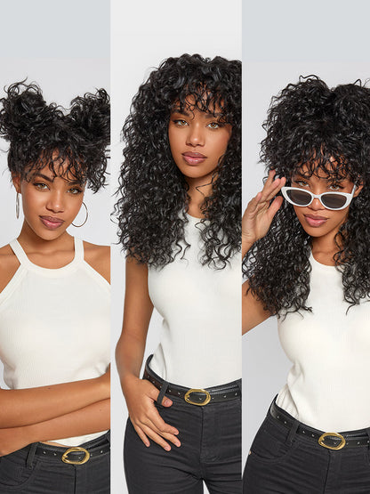 Élorvane Synthetic Fiber + Human Hair Boho Curly Wig with Bangs Effortless Shaggy Waves Put on and Go