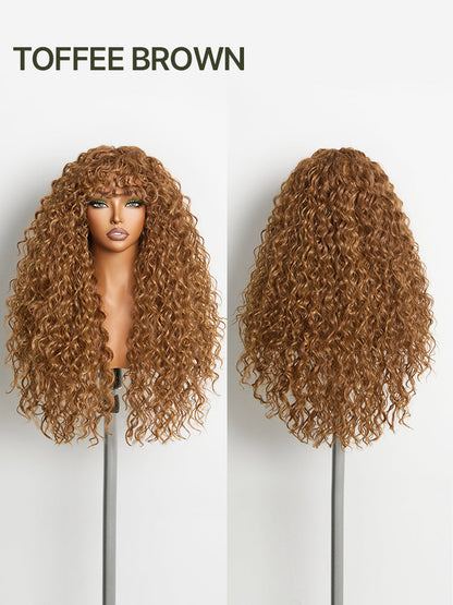 Élorvane Synthetic Fiber + Human Hair Boho Curly Wig with Bangs Effortless Shaggy Waves Put on and Go