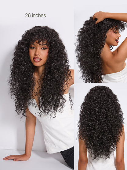 Élorvane Synthetic Fiber + Human Hair Boho Curly Wig with Bangs Effortless Shaggy Waves Put on and Go