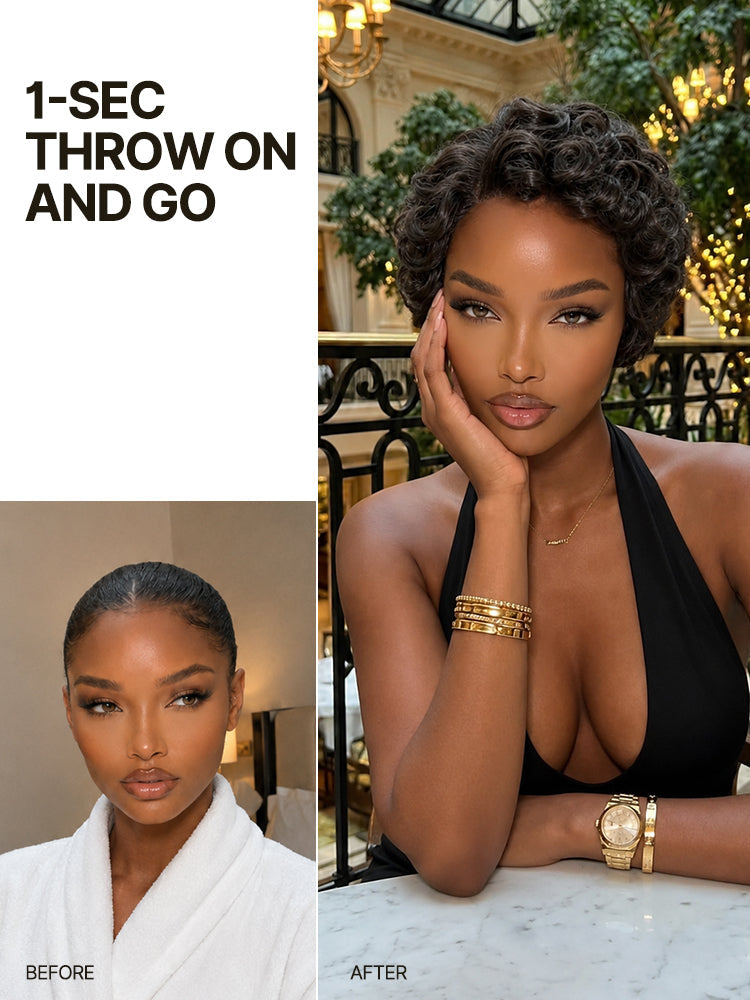 Élorvane Synthetic Fiber + Human Hair Short Curly Pixie Wig Layered Natural Black