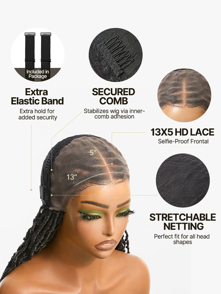 Élorvane Fiber Faux Locs Braided Wig 13x5 Frontal Lace Wig with Baby Hair Natural Black