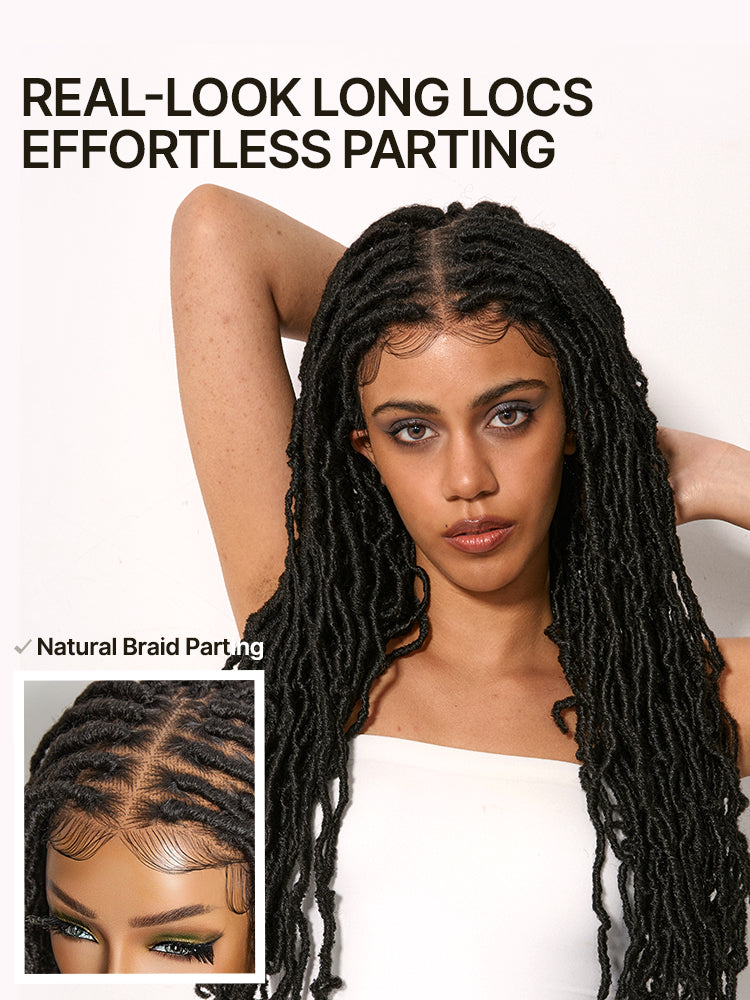 Élorvane Fiber Faux Locs Braided Wig 13x5 Frontal Lace Wig with Baby Hair Natural Black