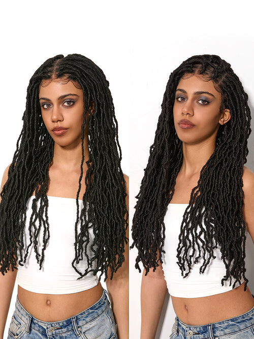 Élorvane Fiber Faux Locs Braided Wig 13x5 Frontal Lace Wig with Baby Hair Natural Black