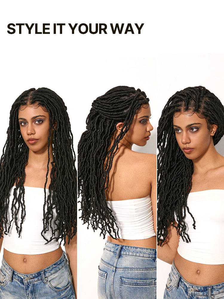 Élorvane Fiber Faux Locs Braided Wig 13x5 Frontal Lace Wig with Baby Hair Natural Black